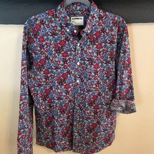 Mens Express Slim Fit Long sleeve button up shirt Blue Floral Size Medium